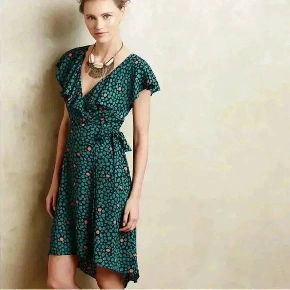 Anthropologie Dresses & Skirts - Anthropologie Romantic Ruffled Wrap Dress Floral Print Cocktail Party Size 4‎
